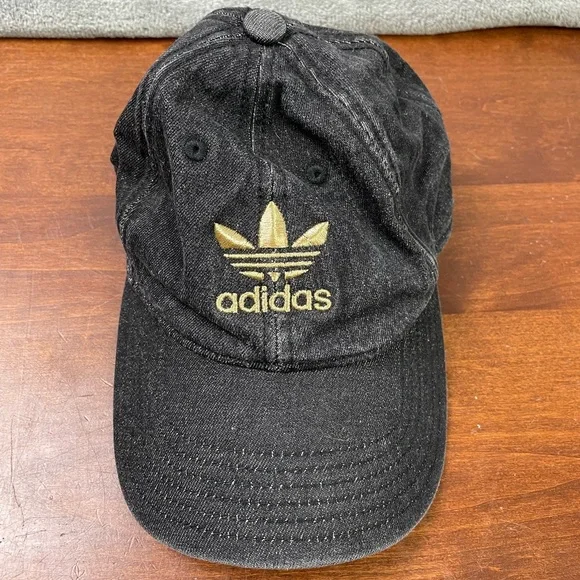NWT Black‎ Denim ADIDAS Gold Cap Adidas Black Denim Gold Trefoil Logo Hat Cap Unisex Adult  main image 2